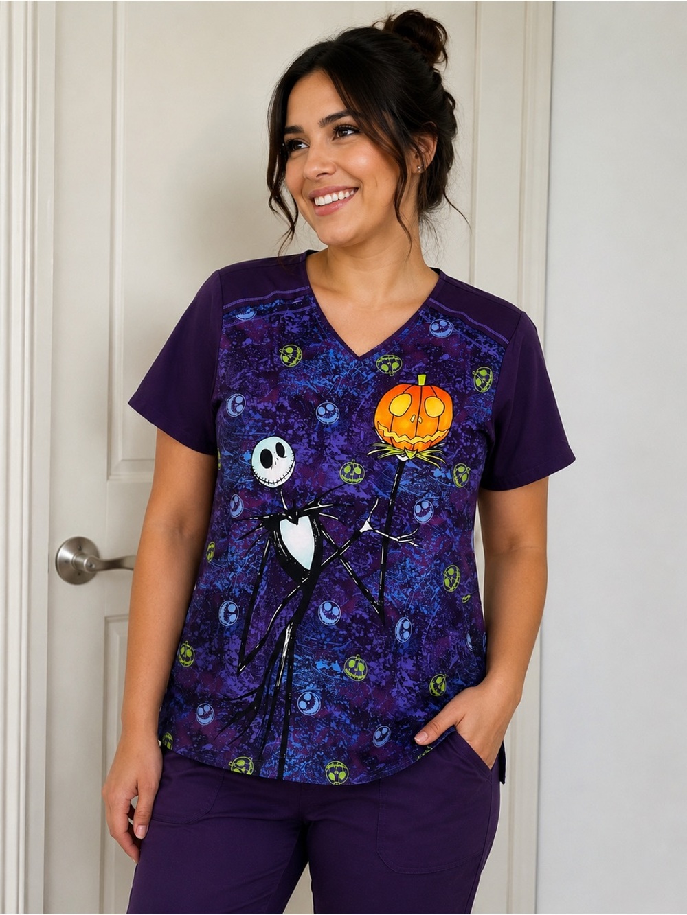 New Disney The Nightmare Before Christmas Jack Skellington Halloween Scrub Top